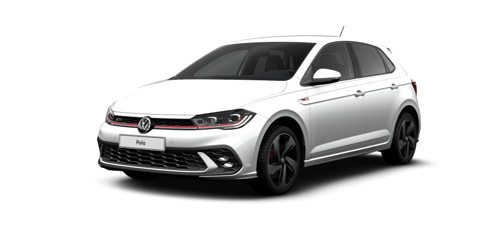 Volkswagen Polo GTI blanco visto de frente sobre fondo blanco