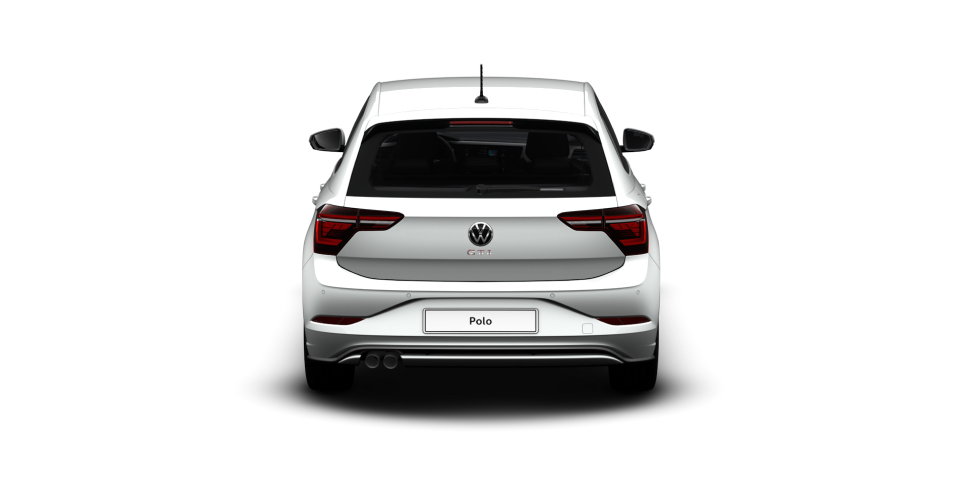 Volkswagen Polo GTI blanco visto de atrás sobre fondo blanco